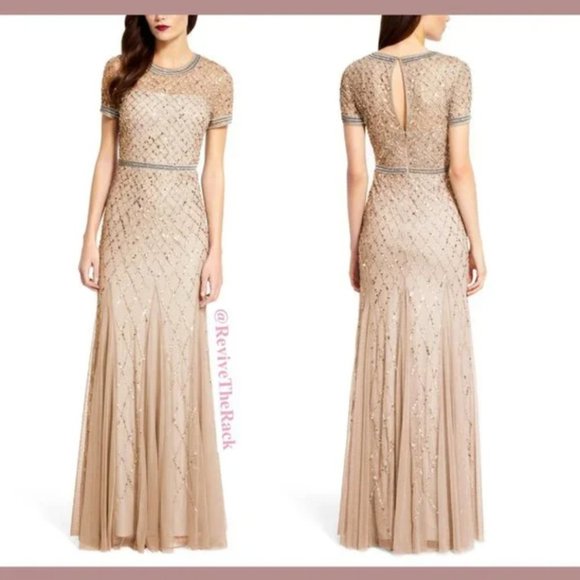 $328 Adrianna‎ Papell Cap Sleeve Beaded Mesh Gown Champagne [Petite 2P ]